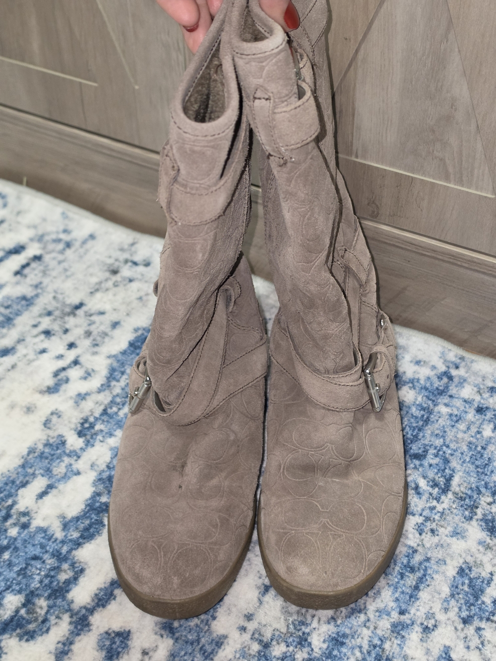 Coach Taupe Suede Mid-Calf Boots with Buckle Detail